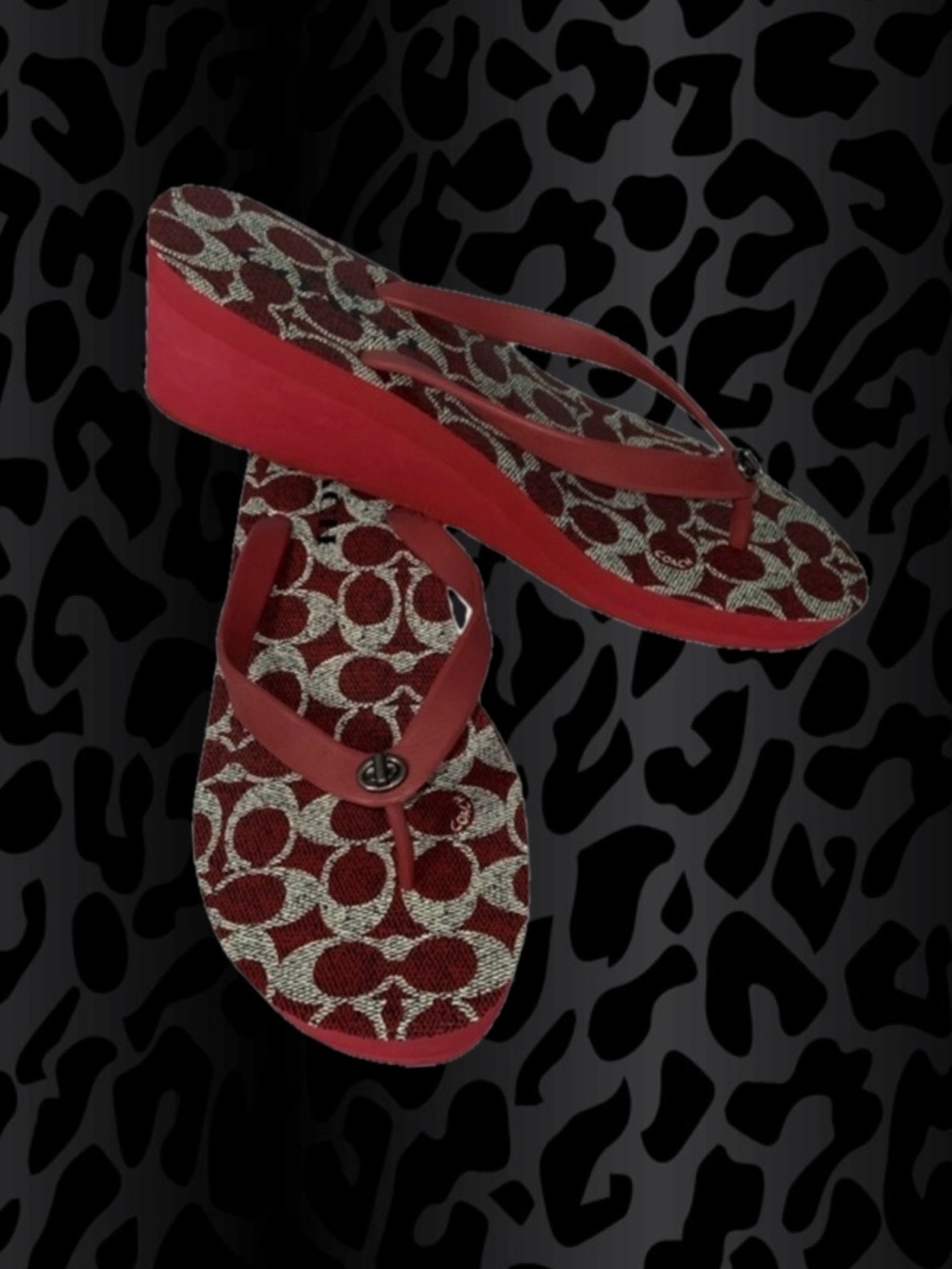 Coach Vintage Linley Signature Thong Wedge Flip Flops in Deep Red